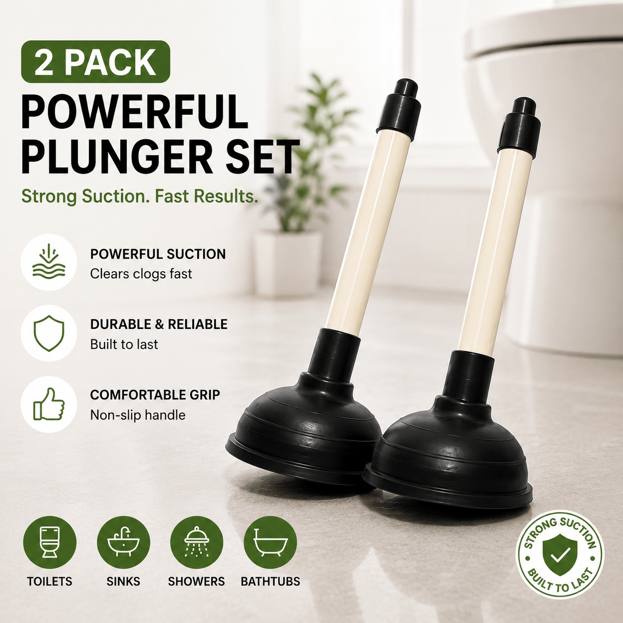 TEMU Plungers 2 Pack Powerful Sink & Toilet Plunger Set, Heavy Duty Rubber Suction Plungers For Toilets, Sinks, Showers & Drains