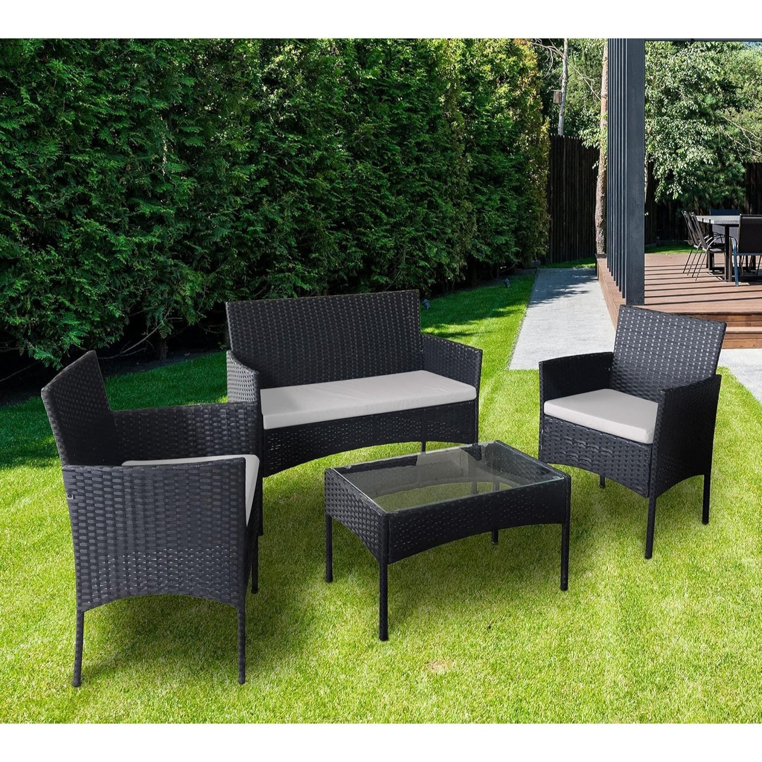 juego de sofá de 4 piezas de ratán para jardín exterior con 2 sillones, 1 sofá   y 1 mesa para interior y exterior