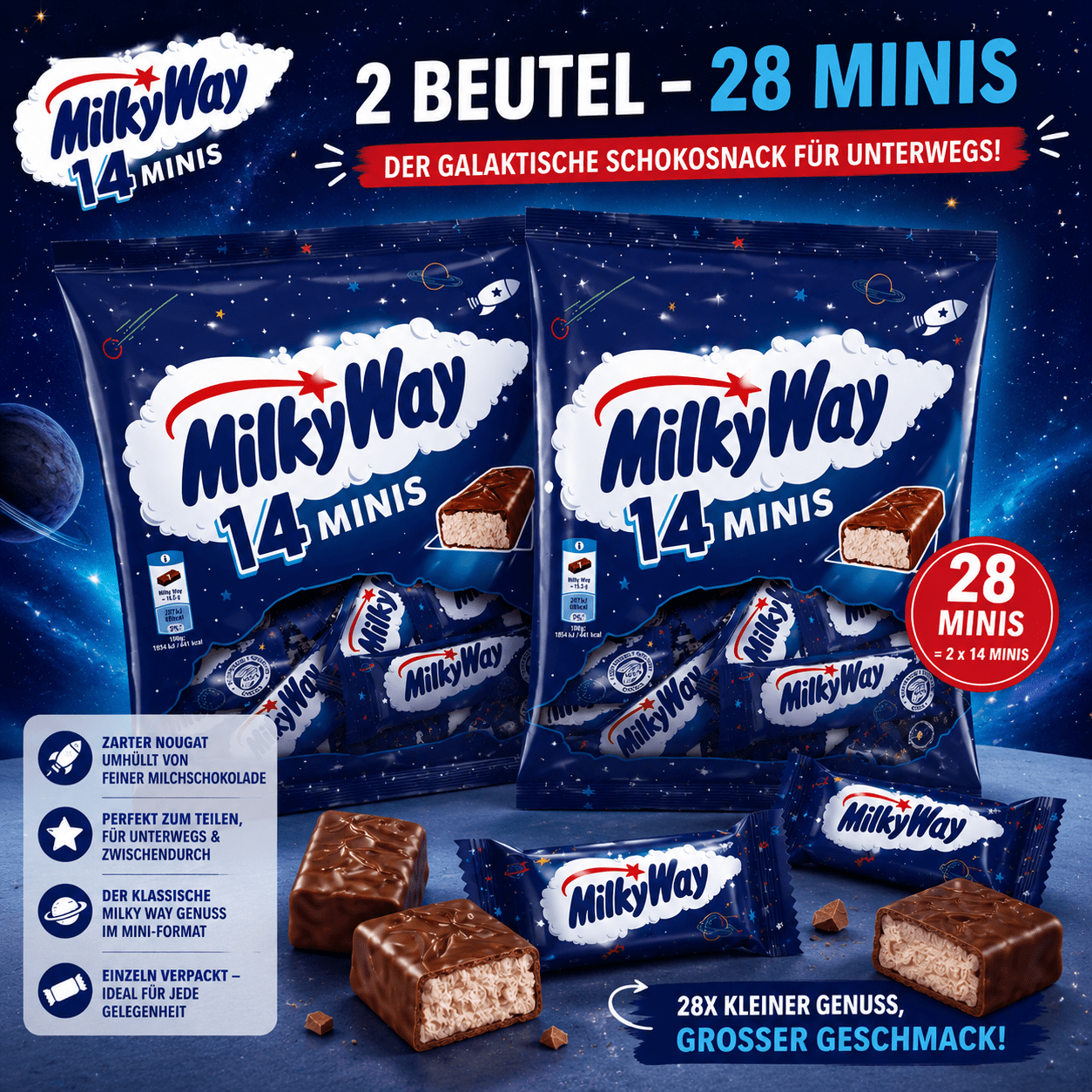 Image of Milky Way Minis 2-pack – 28 Individually Wrapped Mini Chocolate Bars With Airy Milk Filling | Chocolate Stock Pack For Office, School, Party & On-the-go