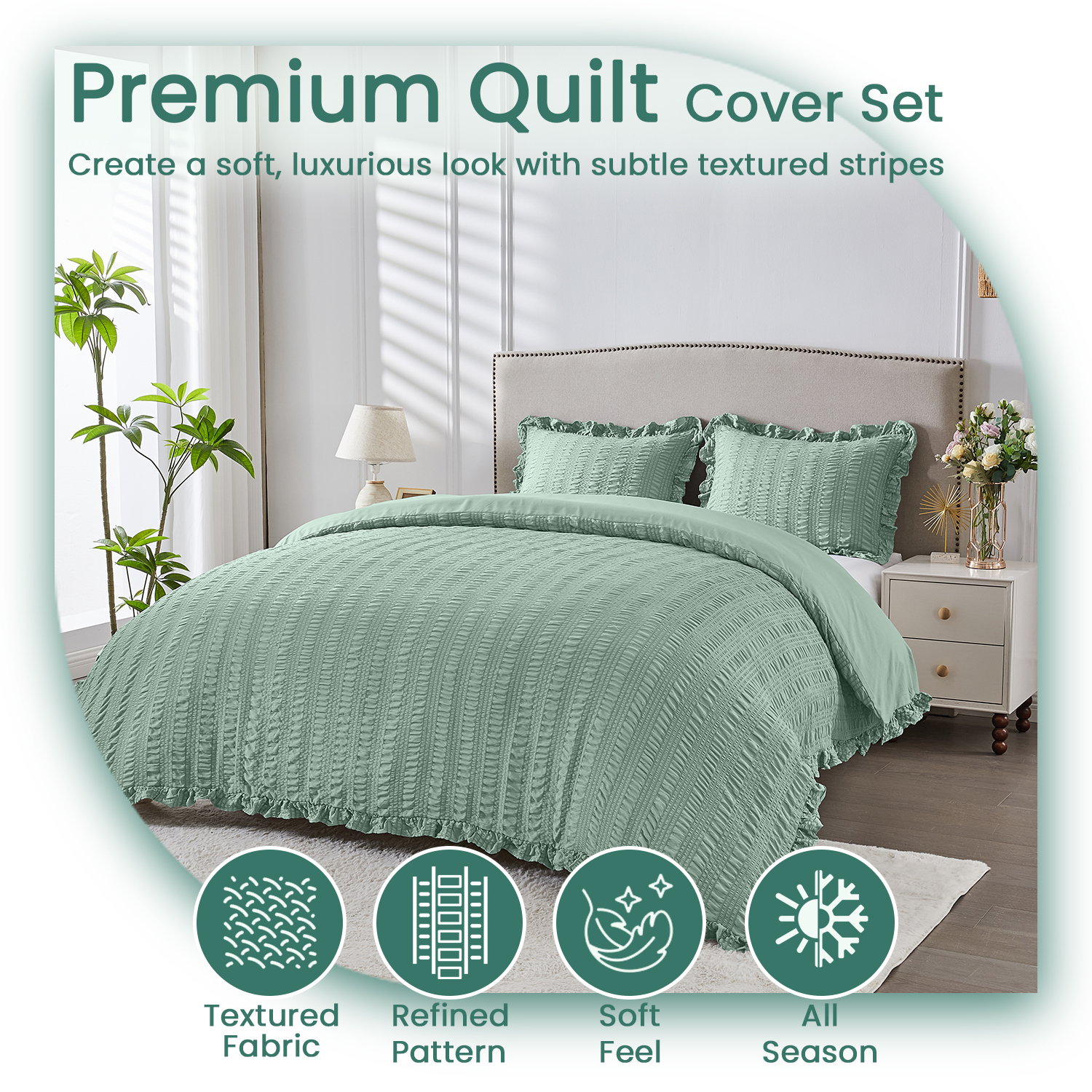 TEMU Luxury Seersucker Stripe Duvet Cover Set Double King Size Bedding Set With Pillowcases | Soft Textured Polyester Quilt Cover For Elegant Modern