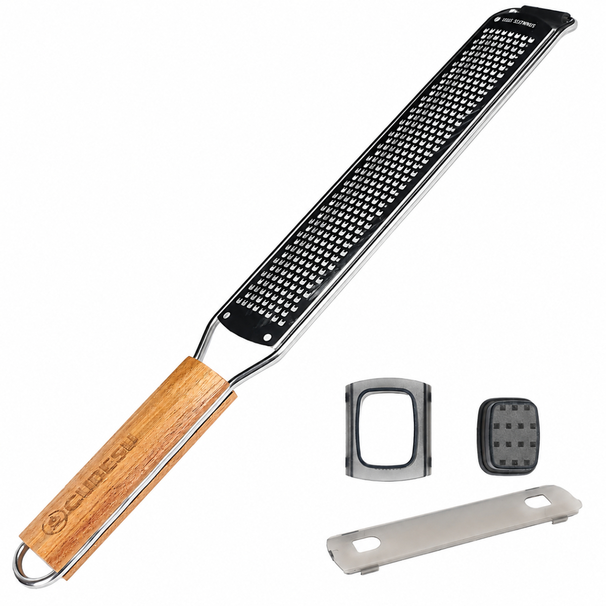 Zester Grater 35 Cm Long Stainless Steel Kitchen Grater With Wooden Handle, Hand Guard, And Protective Cover