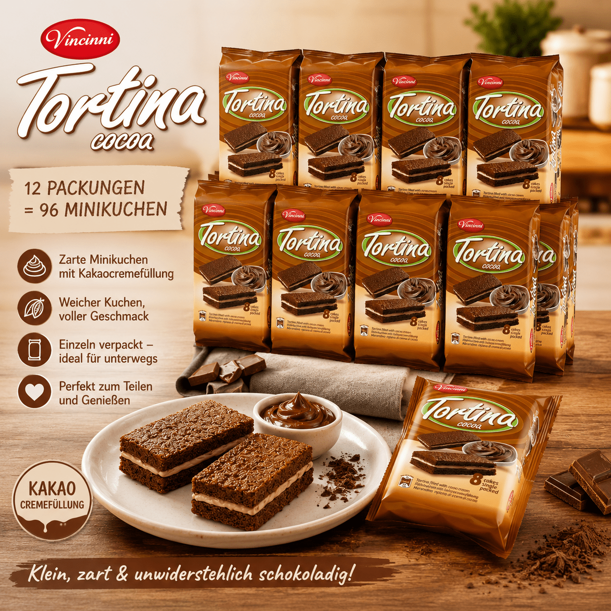 Image of 12x Vincinni Tortina Cocoa Mini Cakes – 96 Individually Wrapped Chocolate Cakes With Cocoa Cream Filling | Xxl Stock Pack For Office, School, Party & On-the-go