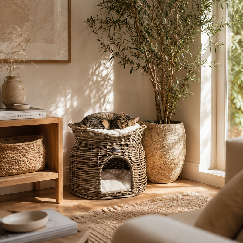 E-shop belviona Katzenkorb Weide 55x39x43 cm, mit Liegedach und Höhle, für Katzen, kleine Hunde und Welpen, 2 Kissen, handgeflochten, natur, grau,