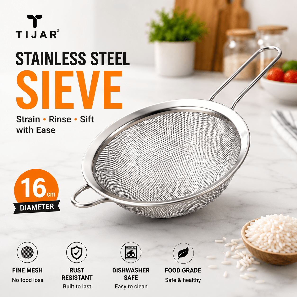 TEMU Sieve 16cm Stainless Steel Fine Mesh Sieve Strainer – Kitchen Colander For Rice, Vegetables, Pasta & Fruit – Food Grade Dishwasher Safe