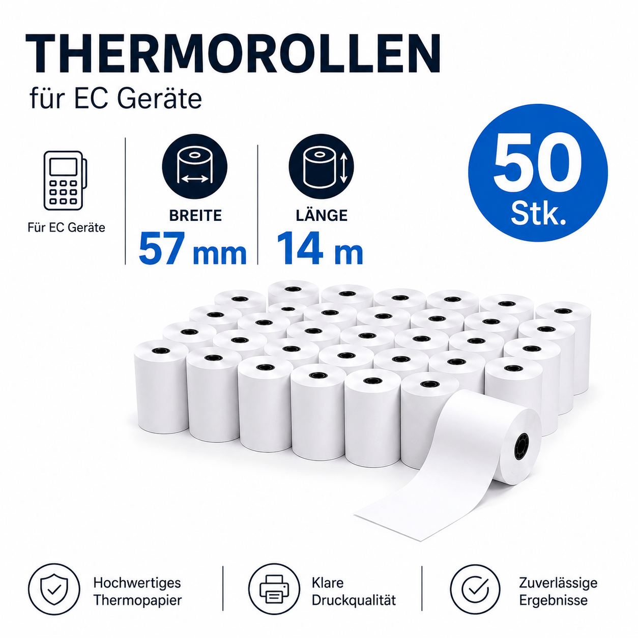 Image of 50 X Thermal Rolls For Eft Devices, 57mm X 14m X 12mm, White