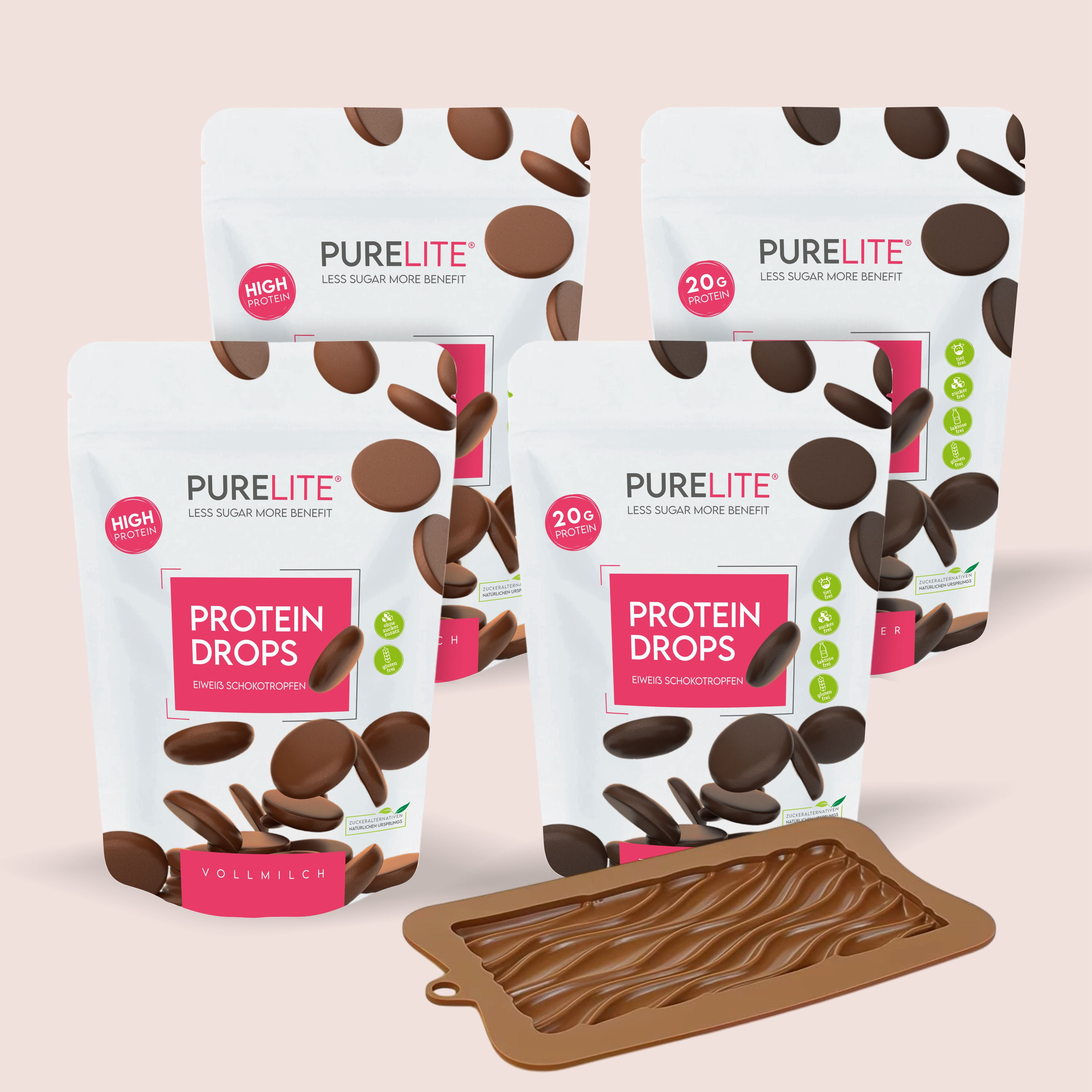 4pcs Combo Protein Drops – 2x Semi-bitter & 2x Whole Milk + Free Gift | High Protein Chocolate | No Added Sugar | With Erythrit & Stevia | For Baking, Melting & Snacking