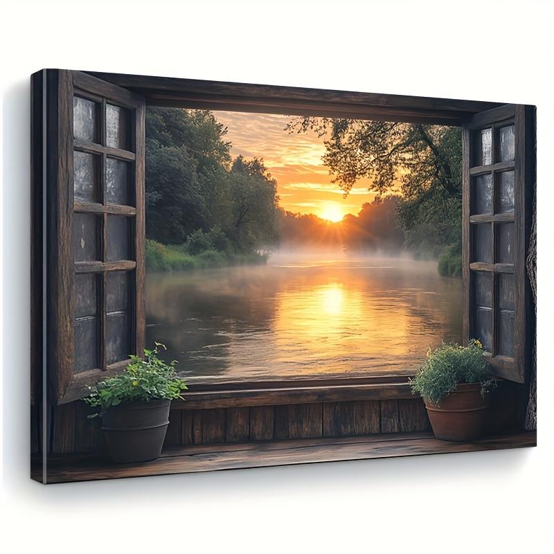 TEMU 1pcs 2d Flat Wooden Frame Canvas Painting, River And Sunset Outside The Window, Living Room, Bedroom, Kitchen Wall Art Prints, Home And Office