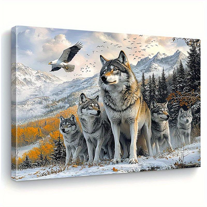 TEMU 1pc 2d Flat Snow Wolf Pack Canvas Wall Paintings, Wooden Frame Decorative Paintings, Suitable For Living Room, Bedroom, Kitchen Home Office