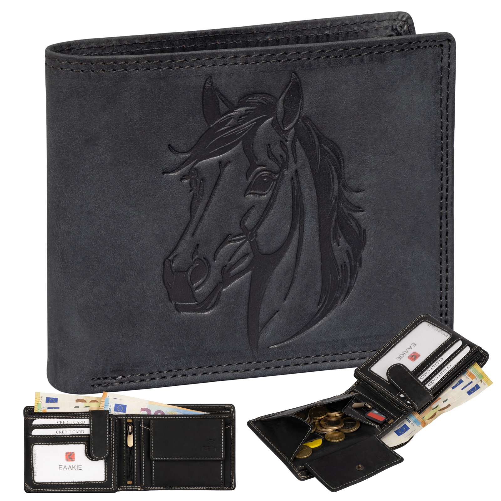 Image of Men's Real Leather Rfid Wallet Buffalo Leather With Embossed Motif 8 Card Slots Black Horizontal Format Horse Head Motif Dimensions: 9.5 X 12 X 2 Cm