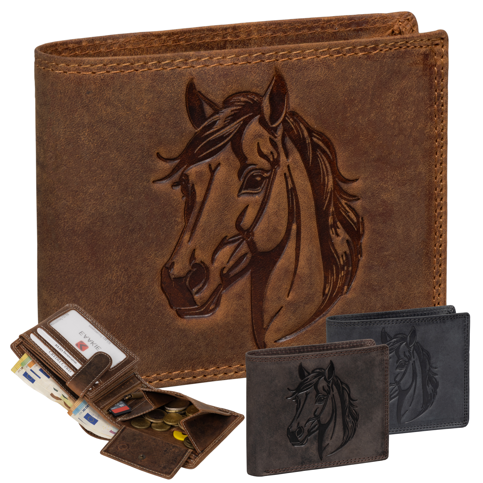 Men's Real Leather Rfid Wallet Buffalo Leather With Embossed Motif 8 Card Slots Black Horizontal Format Horse Head Motif Dimensions: 9.5 X 12 X 2 Cm