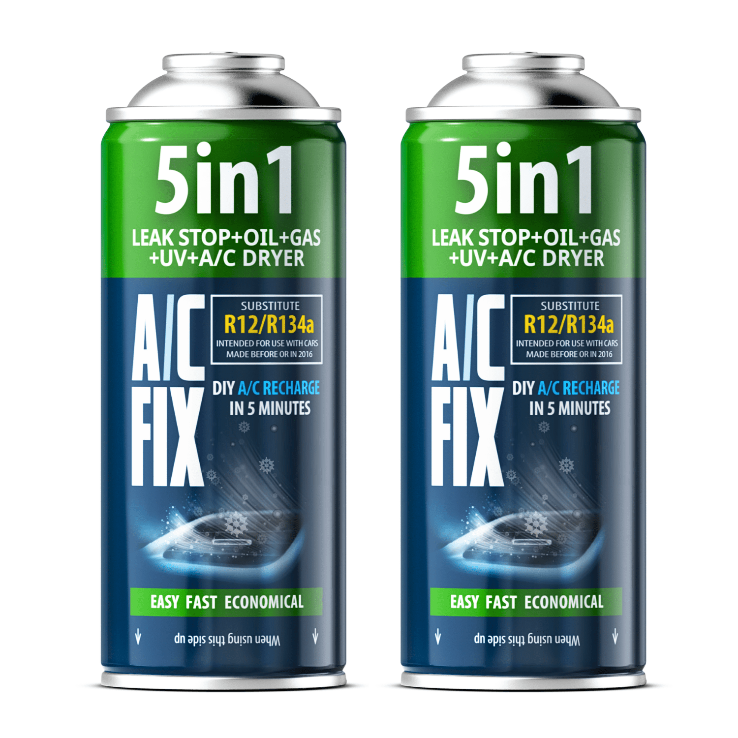 objektbild set 2x ac fix 5w1 r134a kylmedel för luftkonditionering, återfyllning i bilar,  , tätning, uv-färg, luftkonditioneringstorkare, multi-användningsburkgänga, oberoende bil luftkonditioneringsservice, för bilar tillverkade mellan 1994-2016,   luftkonditioneringsåterfyllning utan besök i verkstaden, praktisk lager för framtiden, modern lösning, 5w1 formula,   prestanda, ökad burkvolym, hög kvalitet.