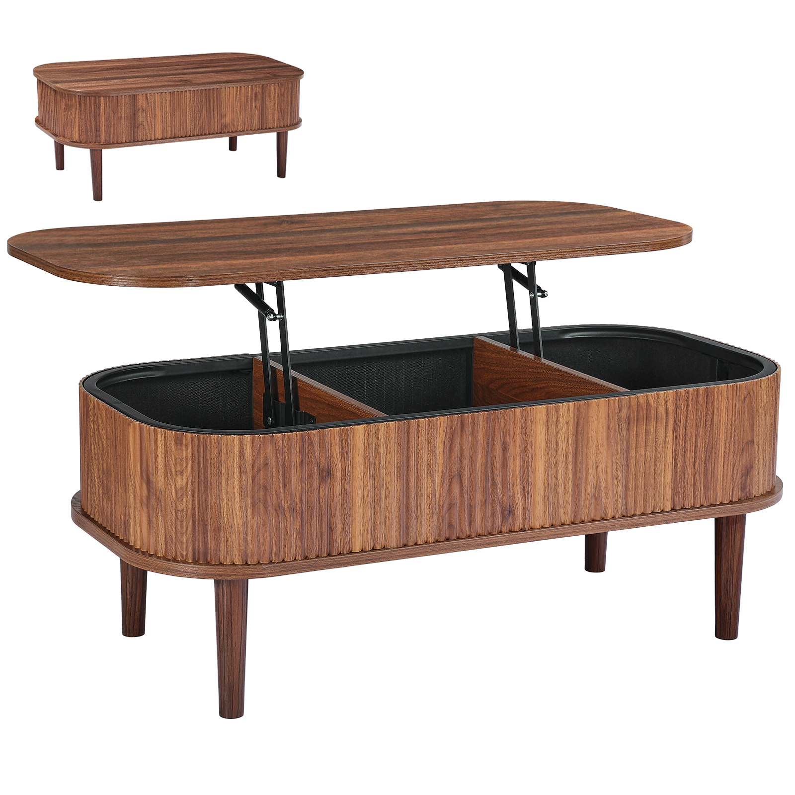 Image of Vevor 39.4 In Lift Top Coffee Table, Fluted Oval Coffee Table With 3 Hidden Compartment, Mid Century Wooden Oval Center Desk With Storage, Lift Up Tabletop For , Easy Assembly, Walnut