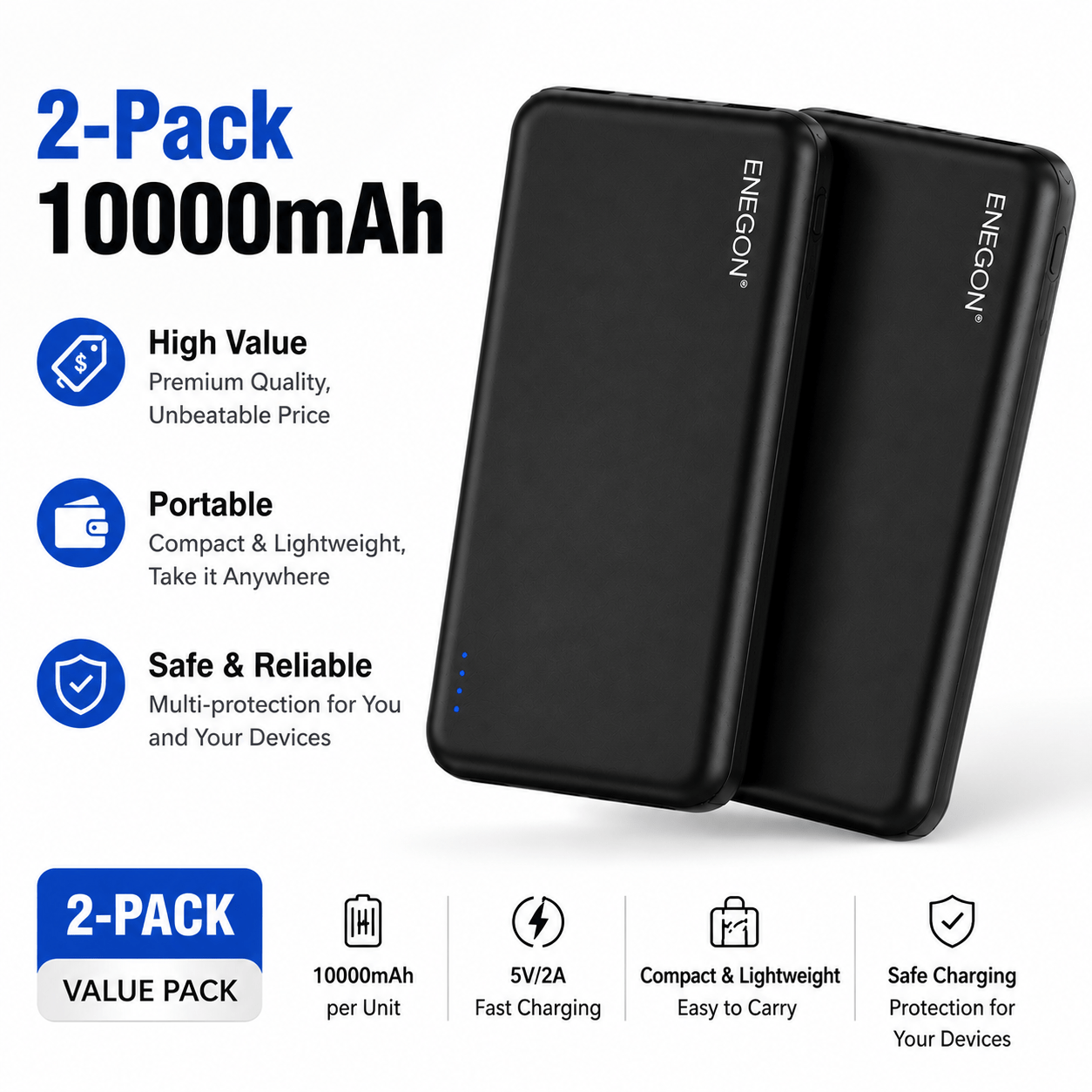 E-shop ENEGON 1er Pack/2er Pack Powerbank 10000 mAh, 5V 2.4A Externer Handy-Akku, Powerbank Stark mit Typ-C + Micro Eingangsanschlüssen und USB-C + 2