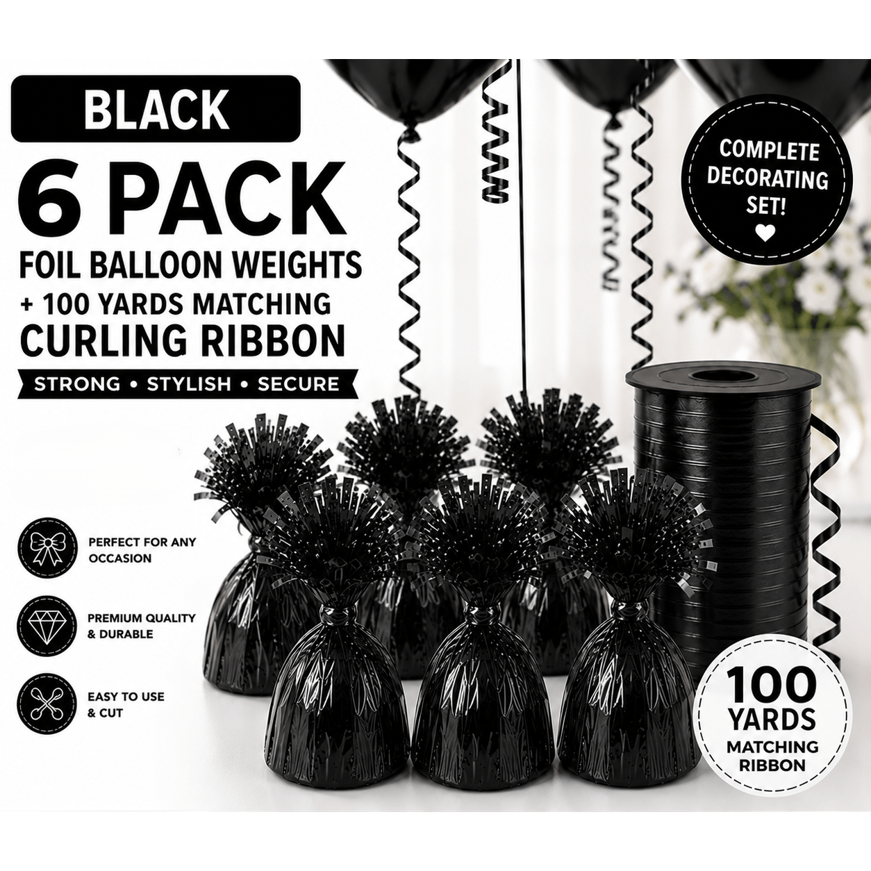 TEMU 6 Pack Foil Balloon Weights + 100 Yards Matching Curling Ribbon – Multiple Colours – Holders For Birthdays, Weddings, Party Decorations