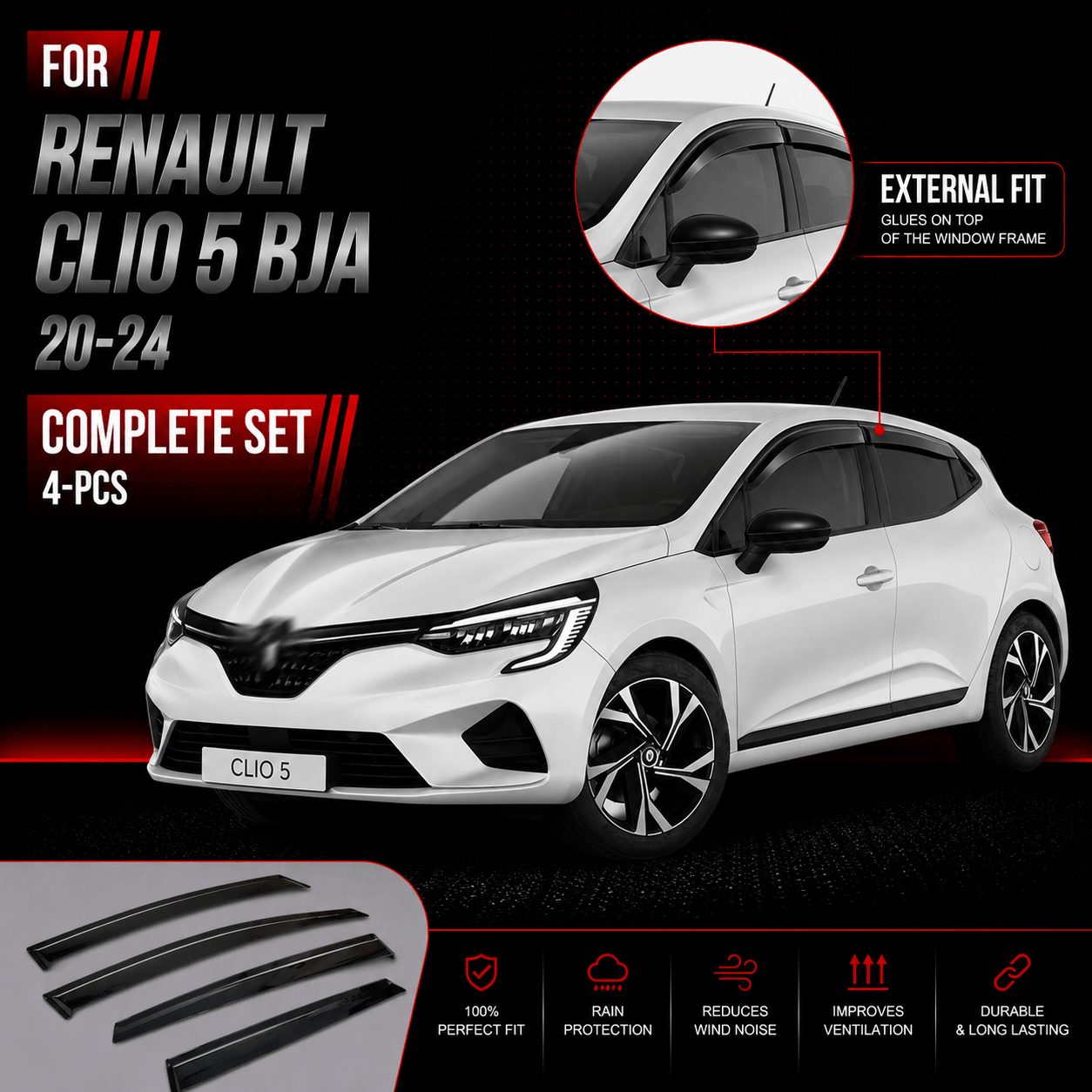 Image of Wind Deflectors For Renault 5 2020 – 2024, Air Deflectors, Rain Deflectors, Car Window Rain Guards, Adhesive Deflectors, 4 Pieces, External Fit For Renault 5 2020 2021 2022 2023 2024