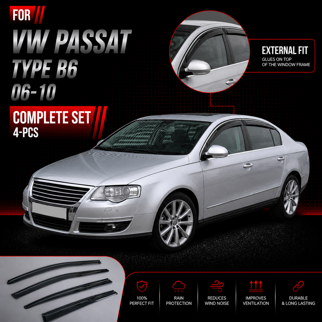 Image of Windshield Wiper For Vw Type B6 2006 - 2010 Rain Deflector Car Window Rain Protector Rain Deflector Adhesive Deflectors 4pcs External Fit For Type B6 2006 2007 2008 2009 2010.