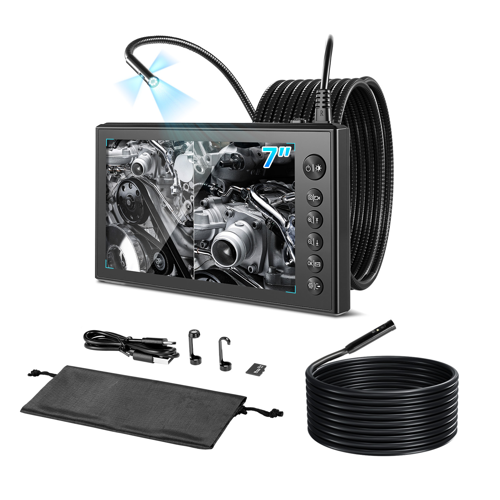 Image of Vevor Endoscope With Dual-cable Setup, Industrial Borescope With Light, 7" Hd Ips -screen, 8 + 2 Leds, 8x Zoom, Camera For Auto, Plumbing (16.4ft + 9.8ft Cables)