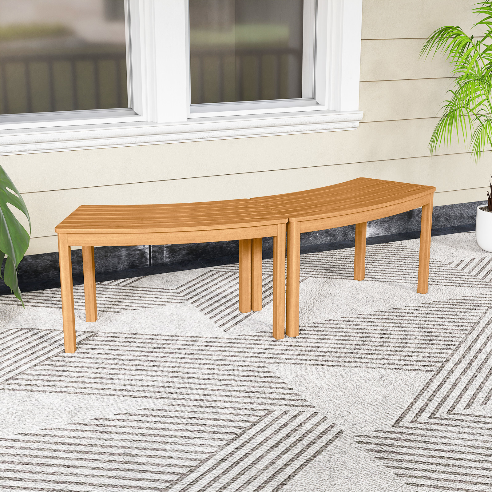 2 Packs Outdoor Curved Bench, Acacia Wood Fire Pit Benches With Slatted Seats, Tree Benches Wrap Around For Patio