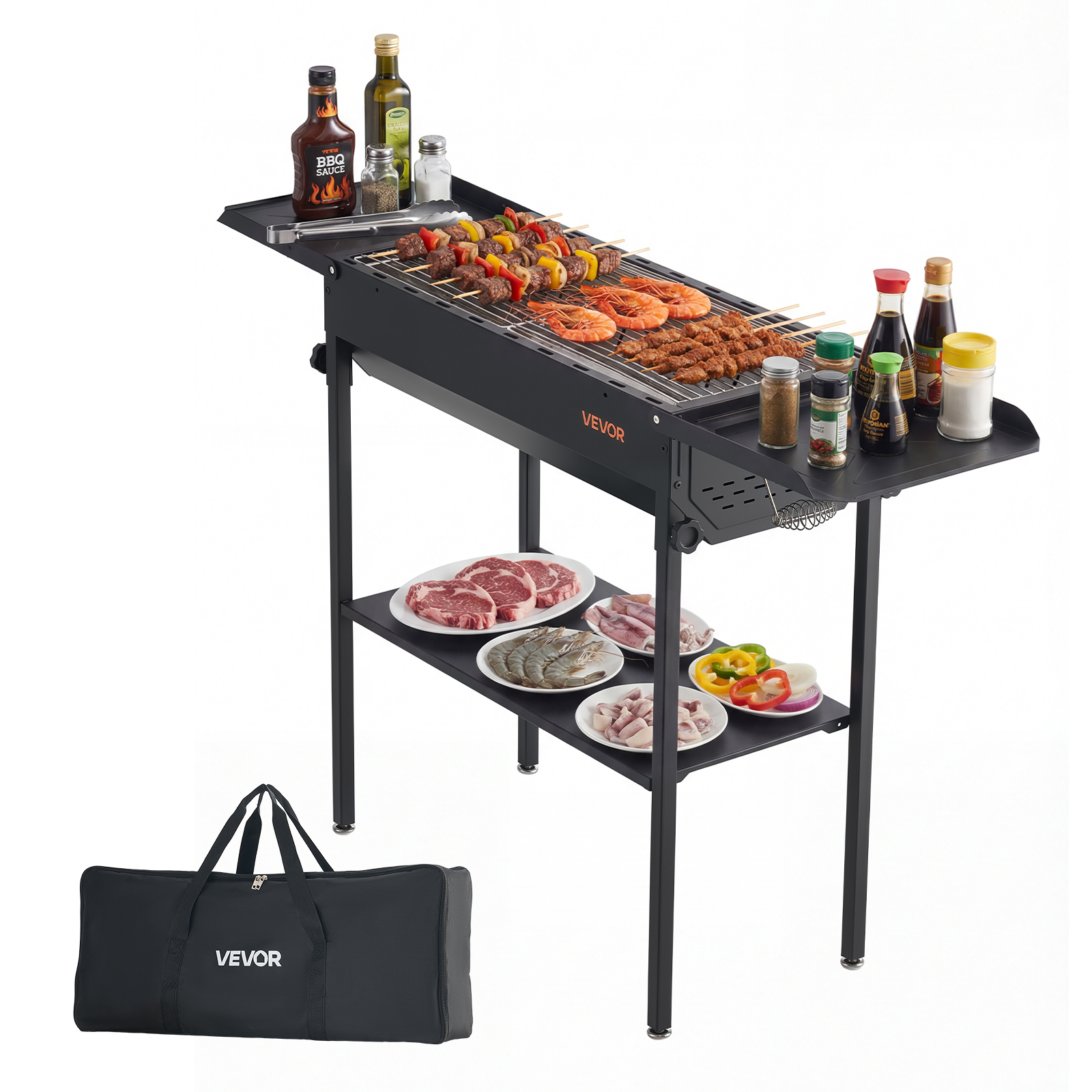 Image of Vevor Foldable Charcoal Grill, Portable Charcoal Barbecue Grill With Adjustable Height & Folding Side Tables, Powder-coated Steel Outdoor Bbq Grills For Camping Backyard Parties