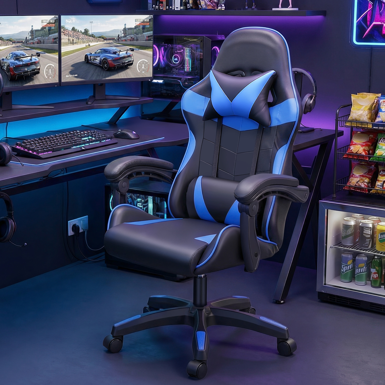 Image of Ergonomic Gaming Office Chair, Height-adjustable Gaming Chair With Lumbar Pillow, Gamer Chair With Headrest, Upholstered Gaming Chair Up To 150kg, 50x51x126 Cm, Blue/red/white