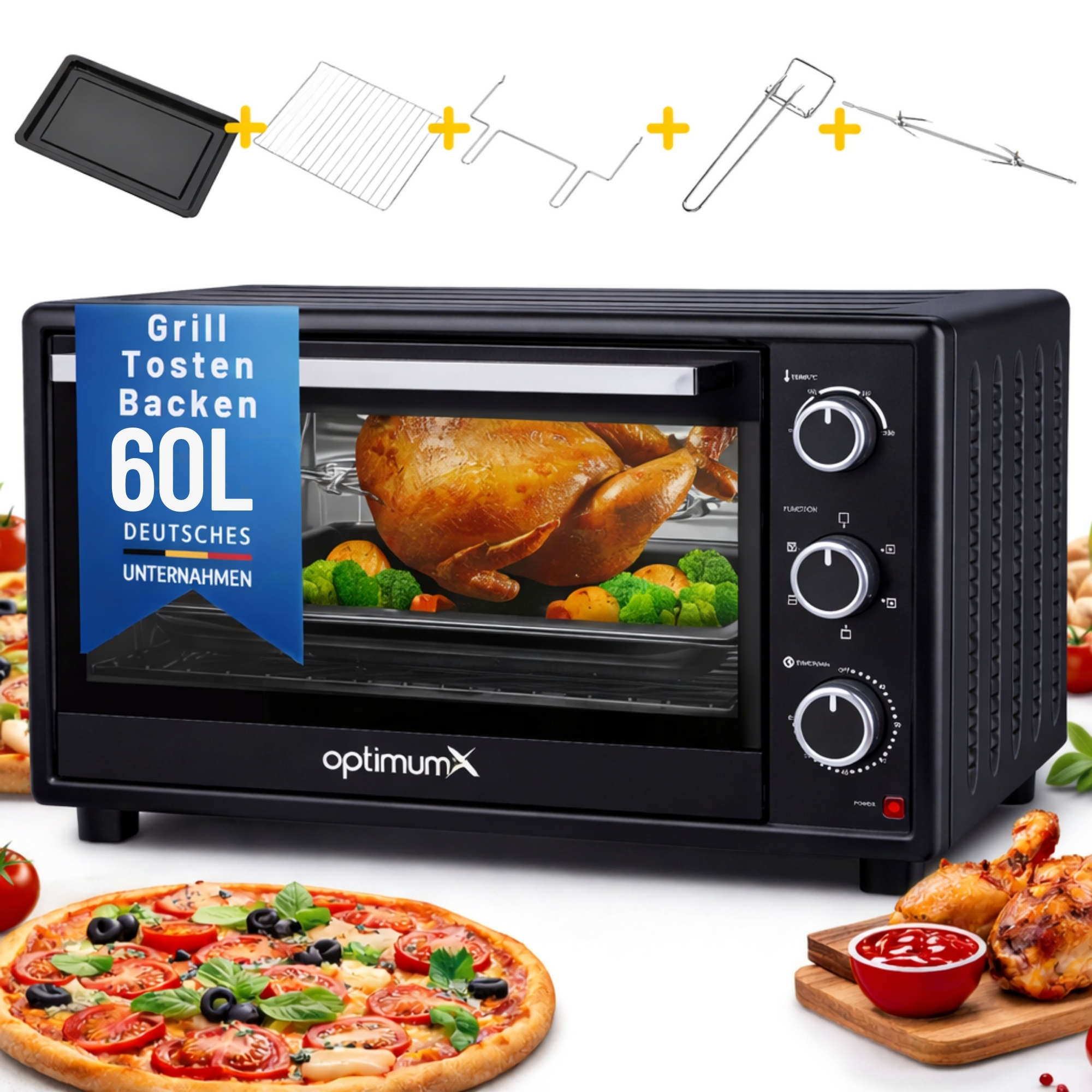 Xxl Mini Oven 60 With Hot Air – 2200w, Rotisserie, 5 Heating Programs, 40-230 °c, Interior Lighting, Double Glazed Door