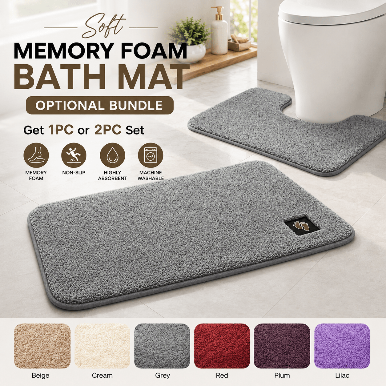 TEMU Memory Foam Bath Mat – Optional Bundle – Soft Washable Bathroom Floor Mat With Absorbent Surface, Quick- & Backing – For Shower, Toilet &