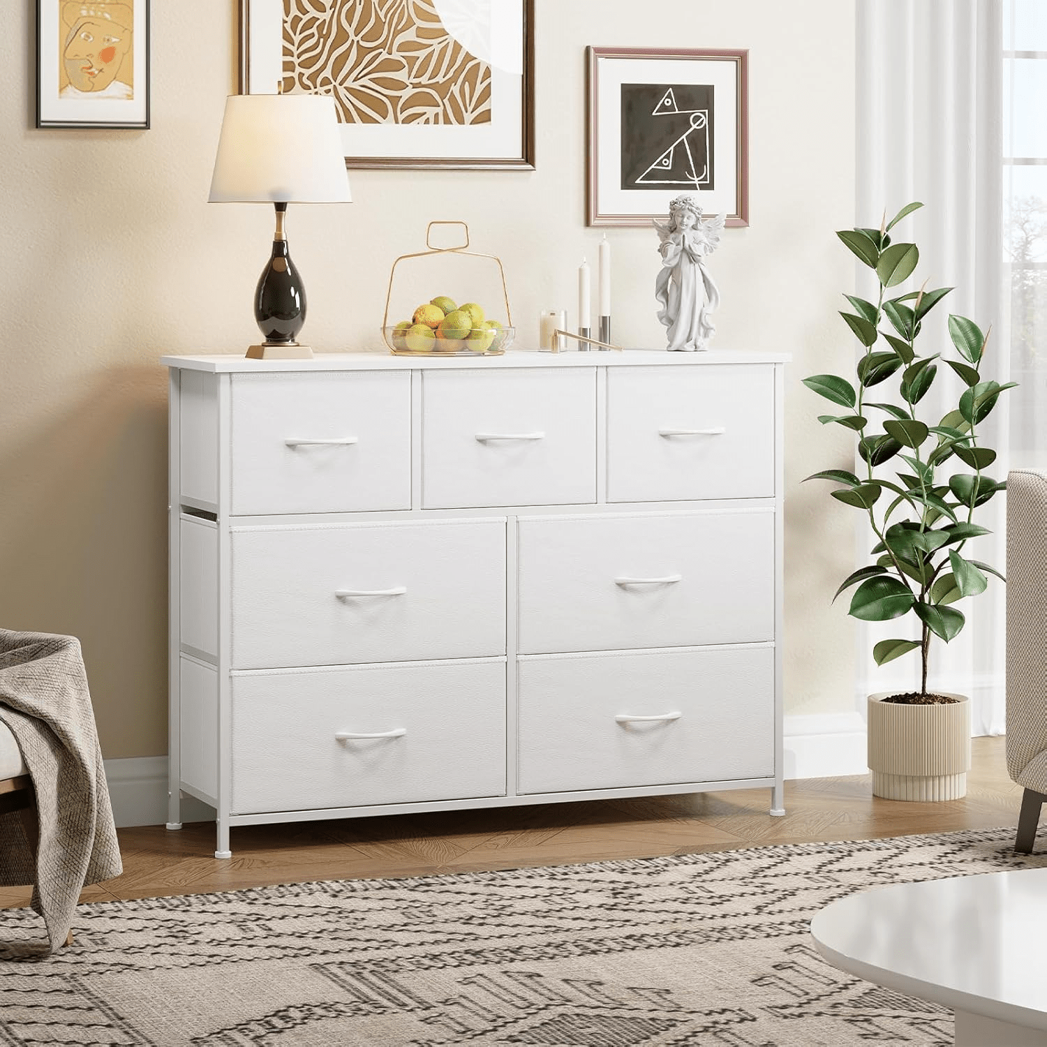 Image of Chest Of Drawers With Drawers, Fabric Chest Of Drawers For Bedroom, Living Room, Hallway, Dresser Cabinet, Drawer Cabinet, Storage Cabinet, 7 Fabric Drawers, Wood Grain