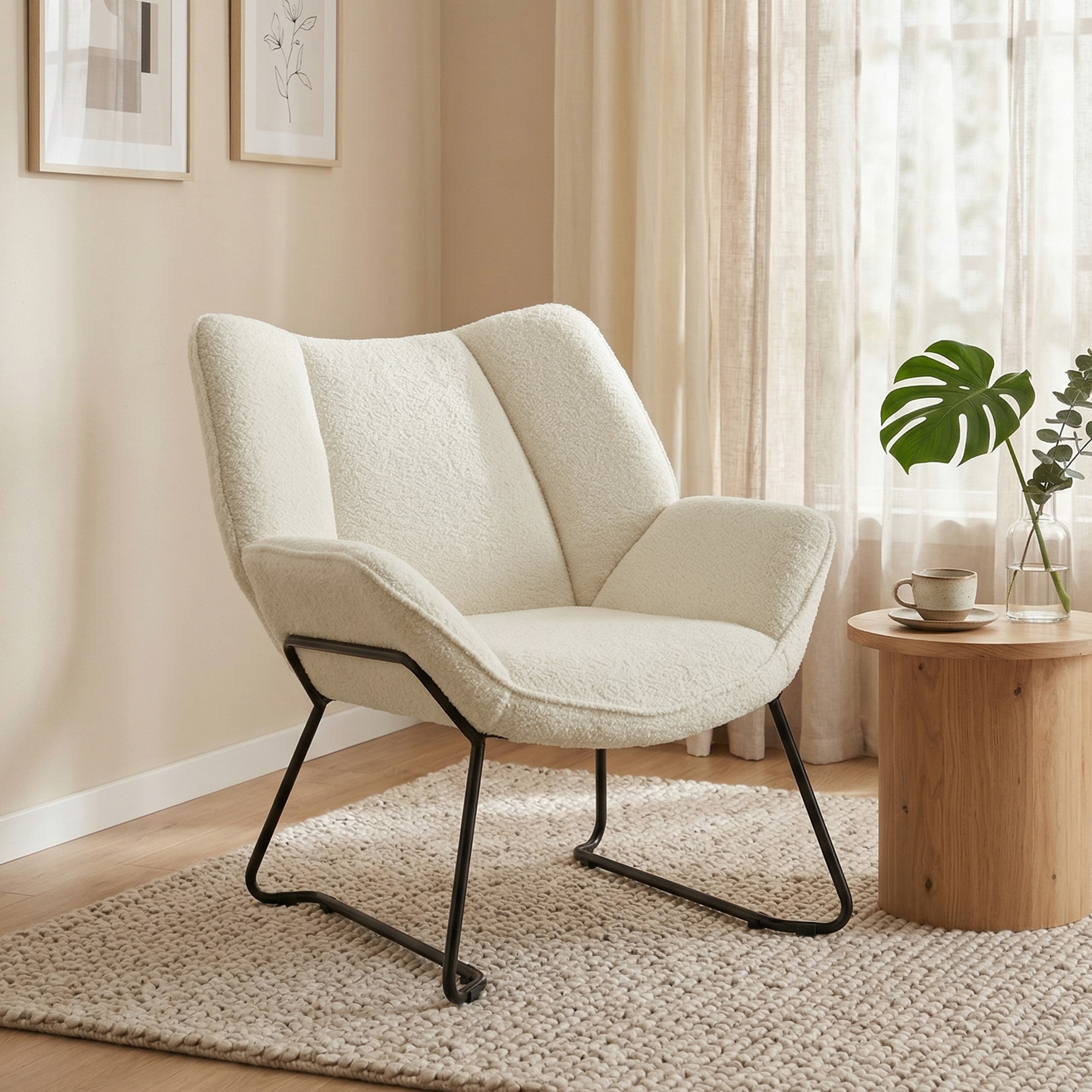 Image of Living Room Armchair With Sherpa Fleece Optics, Modern Relaxation Armchair With Armrests, Wide Backrest, Steel Leg Reading Armchair Upholstered Chair For Bedroom, White