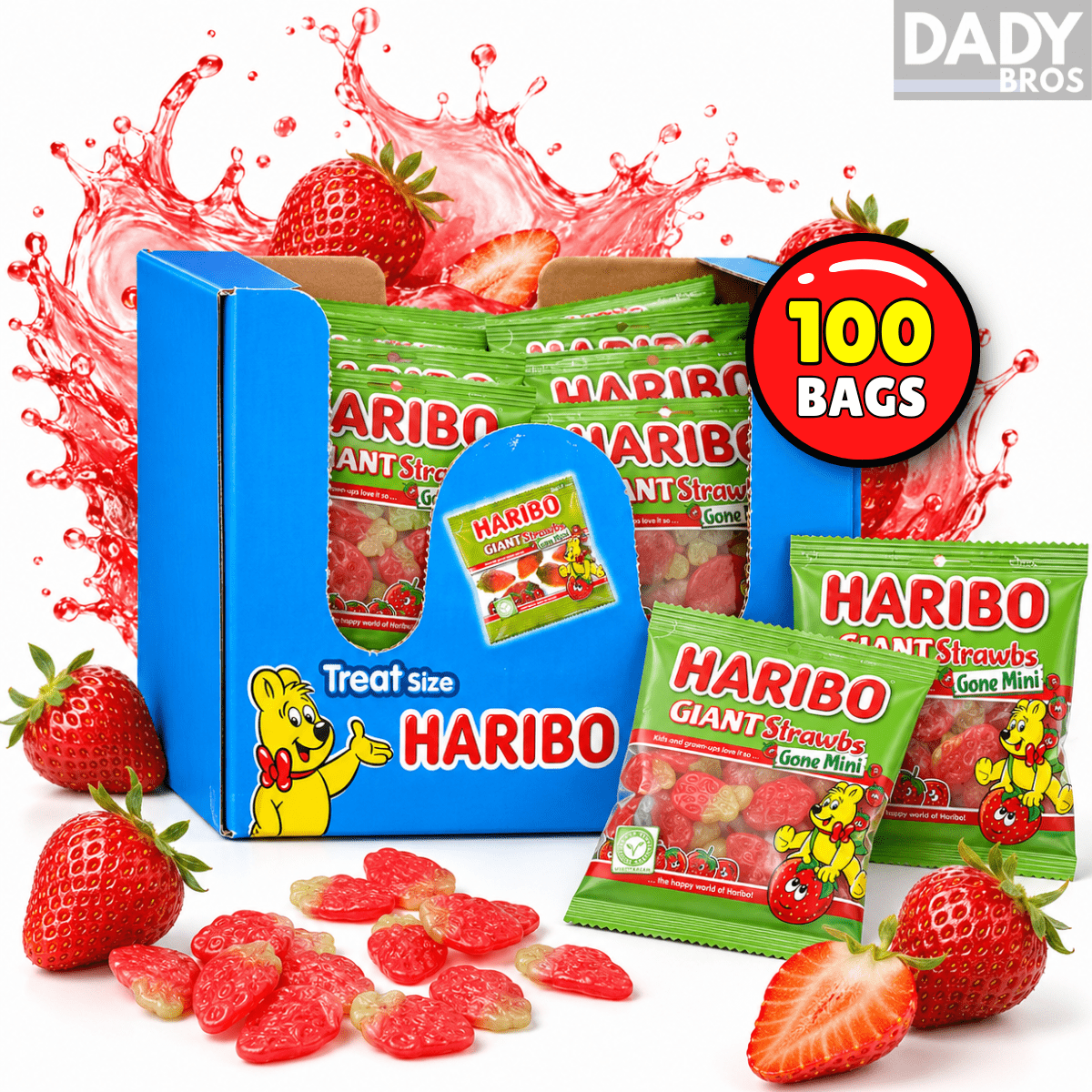 TEMU Haribo Giant Strawbs Mini Bags 100 X 16g | Strawberry Gummy Treat Bags | Bulk Sweets | Christmas Party & Office Treats