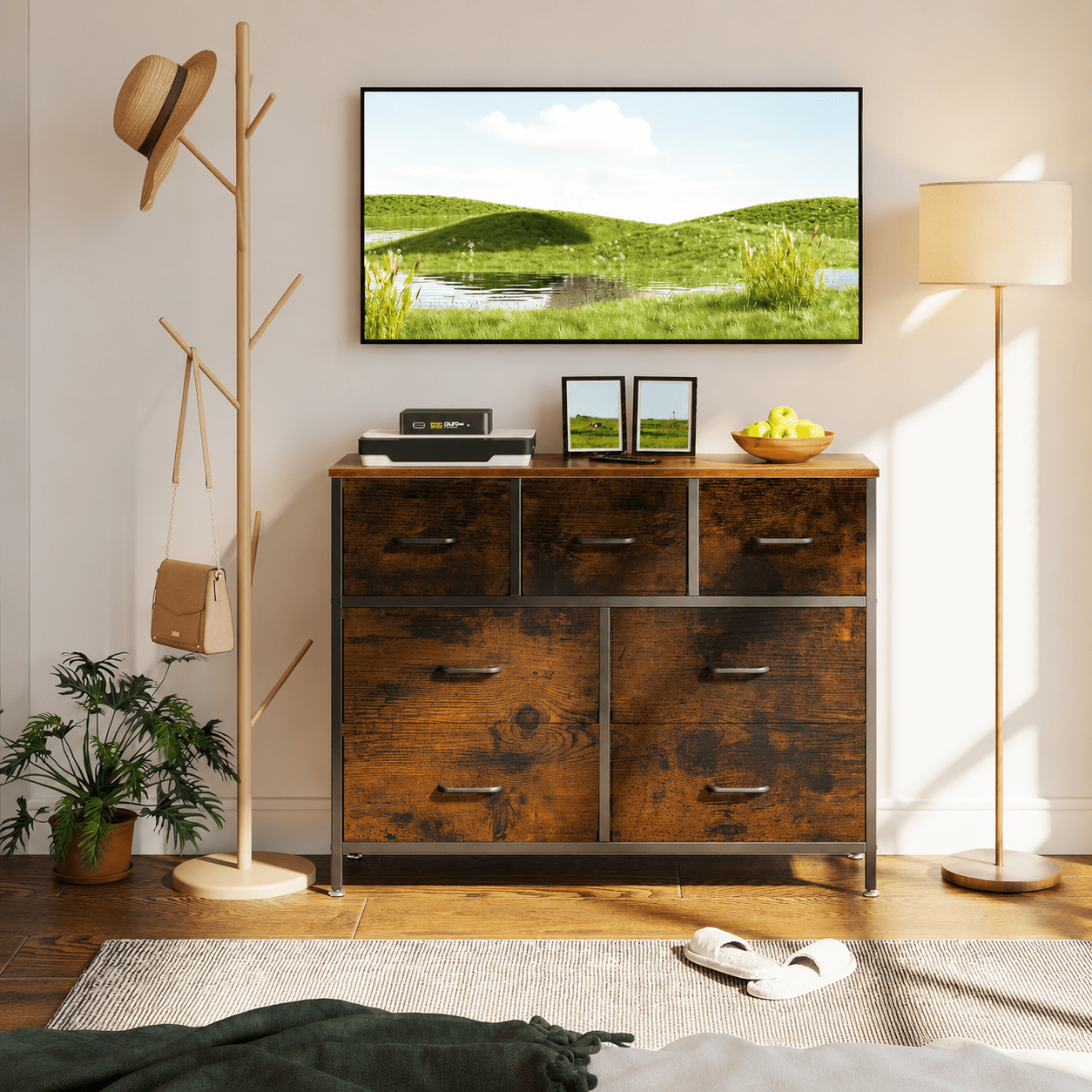 Image of Chest Of Drawers With 7 Fabric Drawers, Sturdy And Adjustable Feet, Suitable For Bedroom And Living Room, 100 X 30 X 77 Cm, Vintage