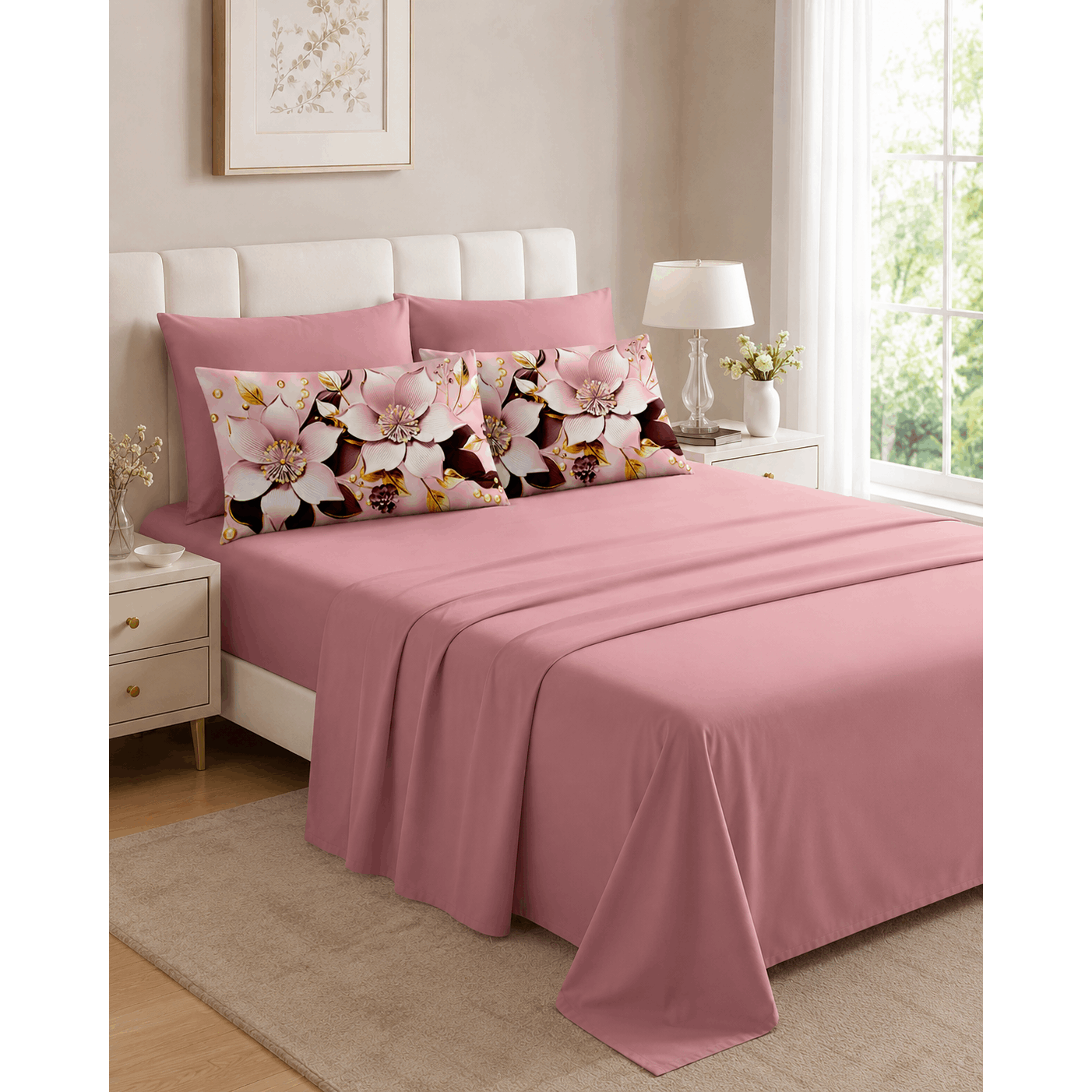 TEMU Standard Queen Size Cotton Blend Bed Sheet Set With 4 Pillowcases ( With Corners) + Color Pillowcases + Print Pillowcases