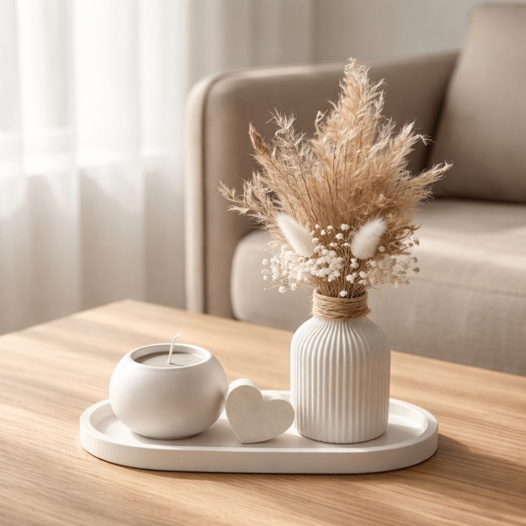 E-shop Natürliches Deko-Tablett Set mit Vase, Trockenblumen & Kerzenhalter – Beige/Weiß – Tischdeko, Wohnzimmer, Geschenkidee, Dekorationsset,