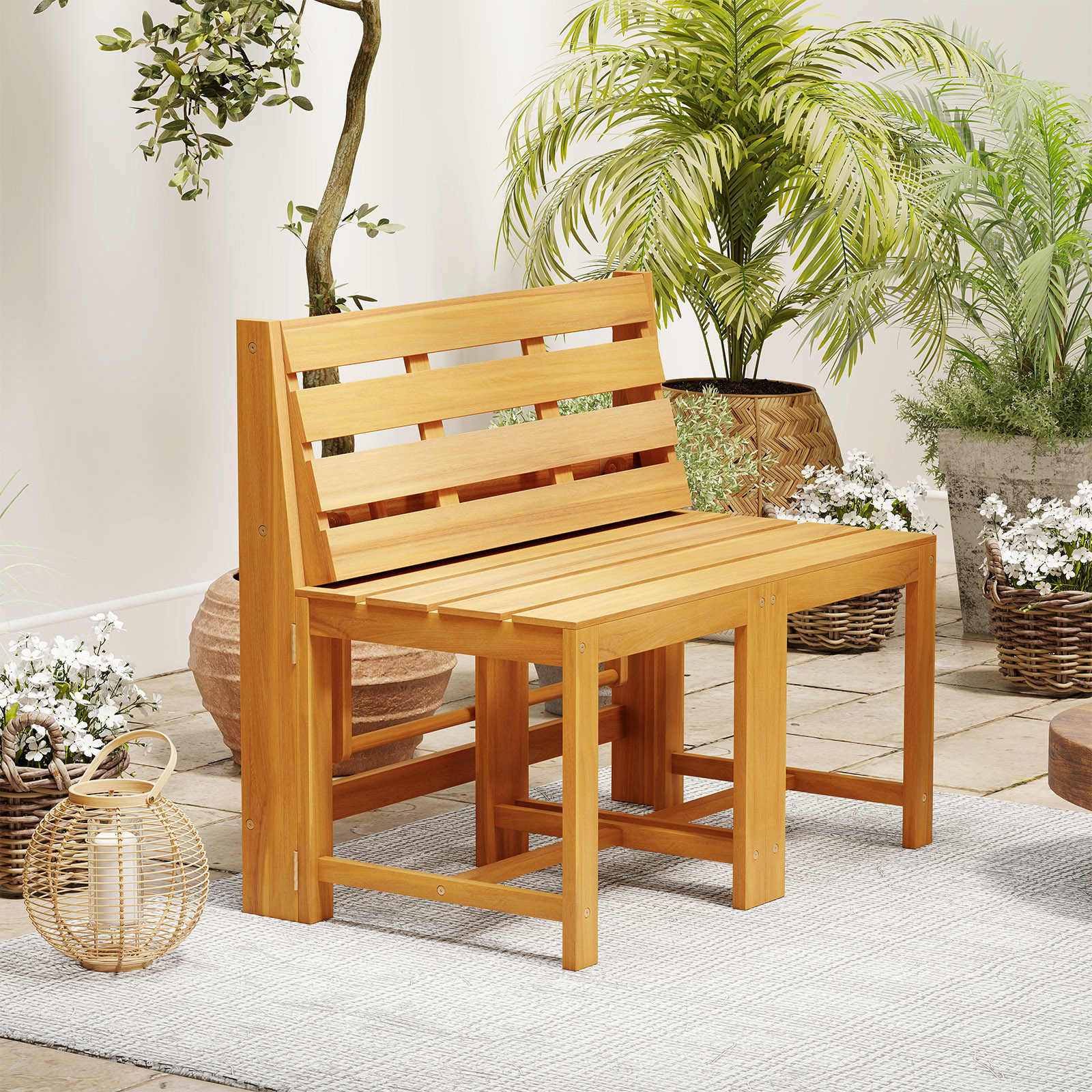 Image of 3-in-1 Outdoor Acacia Wood Loveseat Bench Furniture, Transforming Patio Table And Chairs Set With Slatted Seat