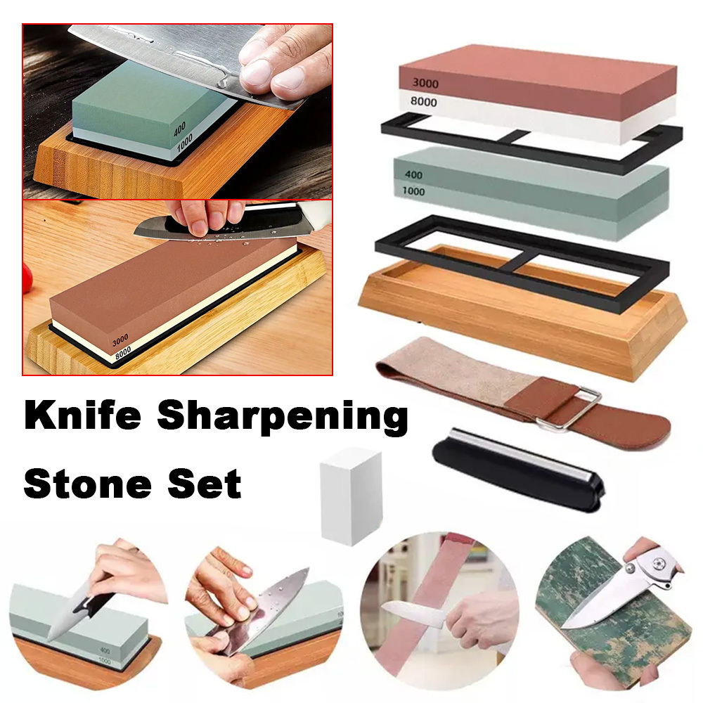 Knife Sharpening Stone Kit Whetstone Grit 400/1000 3000/8000 With Includes Silicone Pad, Bamboo Base, Holder, Correction Stone, And Cloth.