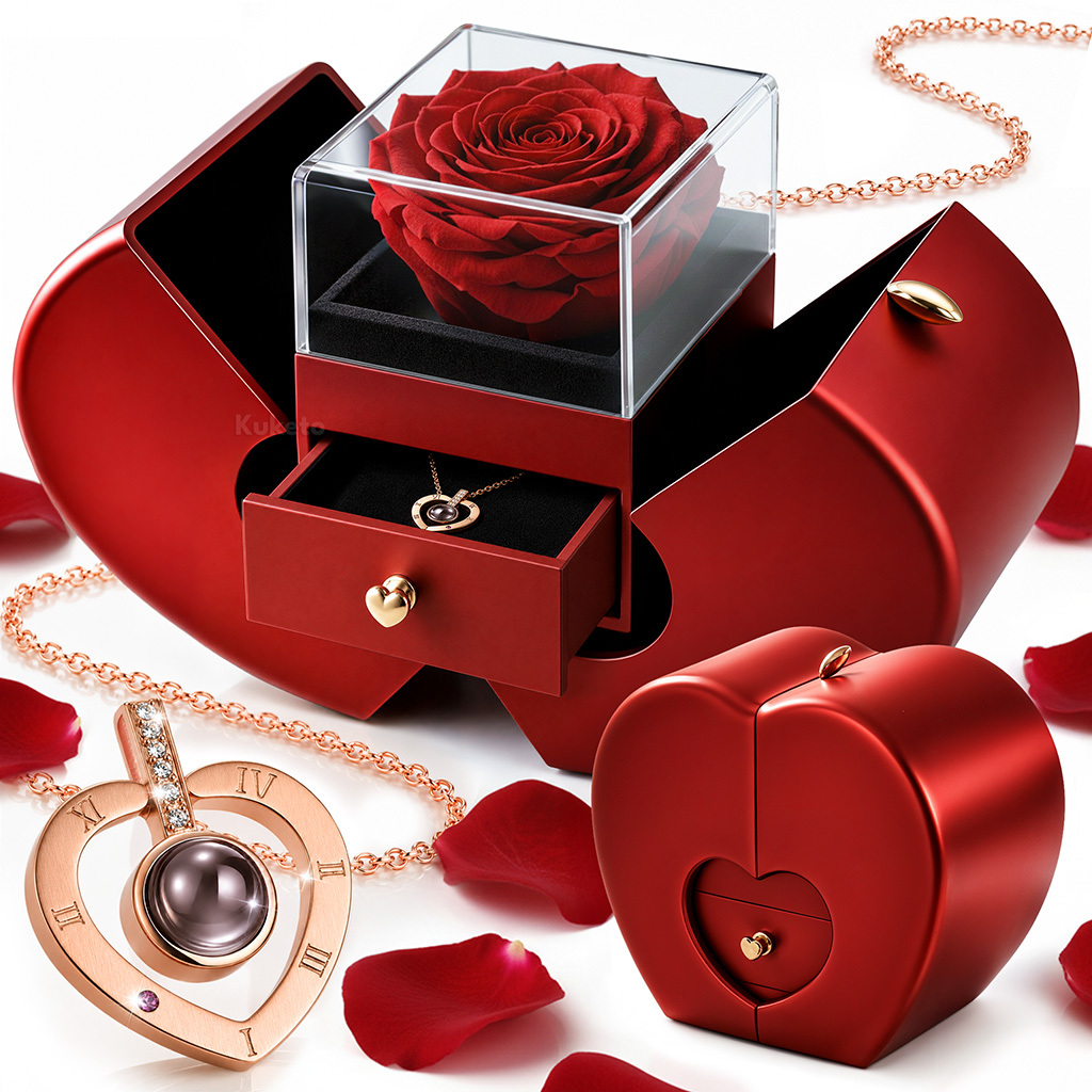 TEMU Romantic Gift Set With An Elegant Necklace And An Eternal Rose In A Heart-shaped Glass Container, In A Satin Box With A Metallic . Ideal For ,