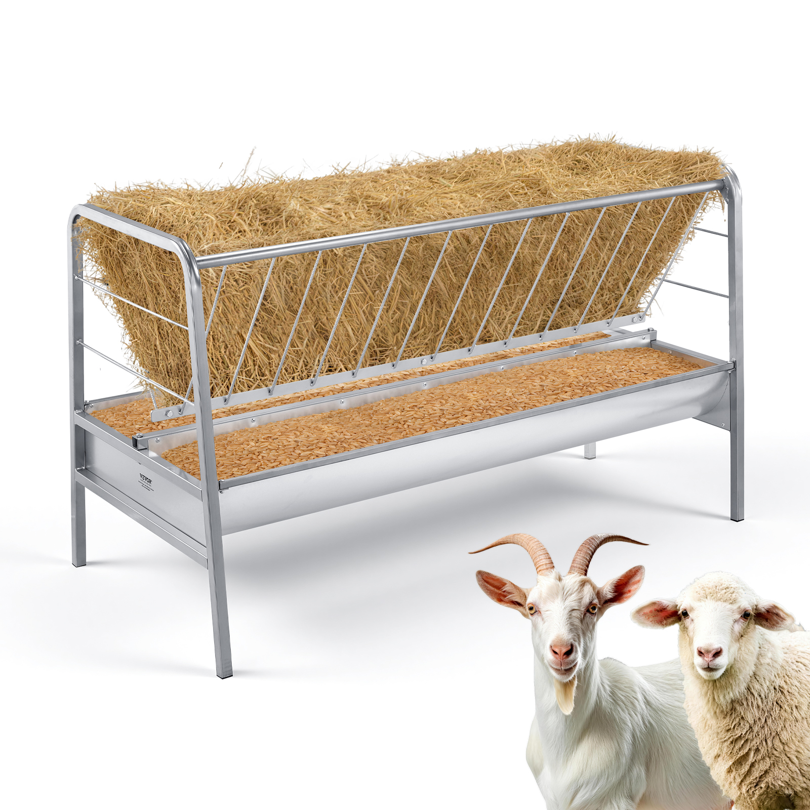 Image of Vevor Livestock Hay Feeder, 2 In 1 Grain & Hay Feeder, 80-gallon Capacity, 57.9" Long Goat Feeding With Feeding Pan, Heavy Duty Steel Grain Holder For Sheep Sheds, Farms, Horse Barns