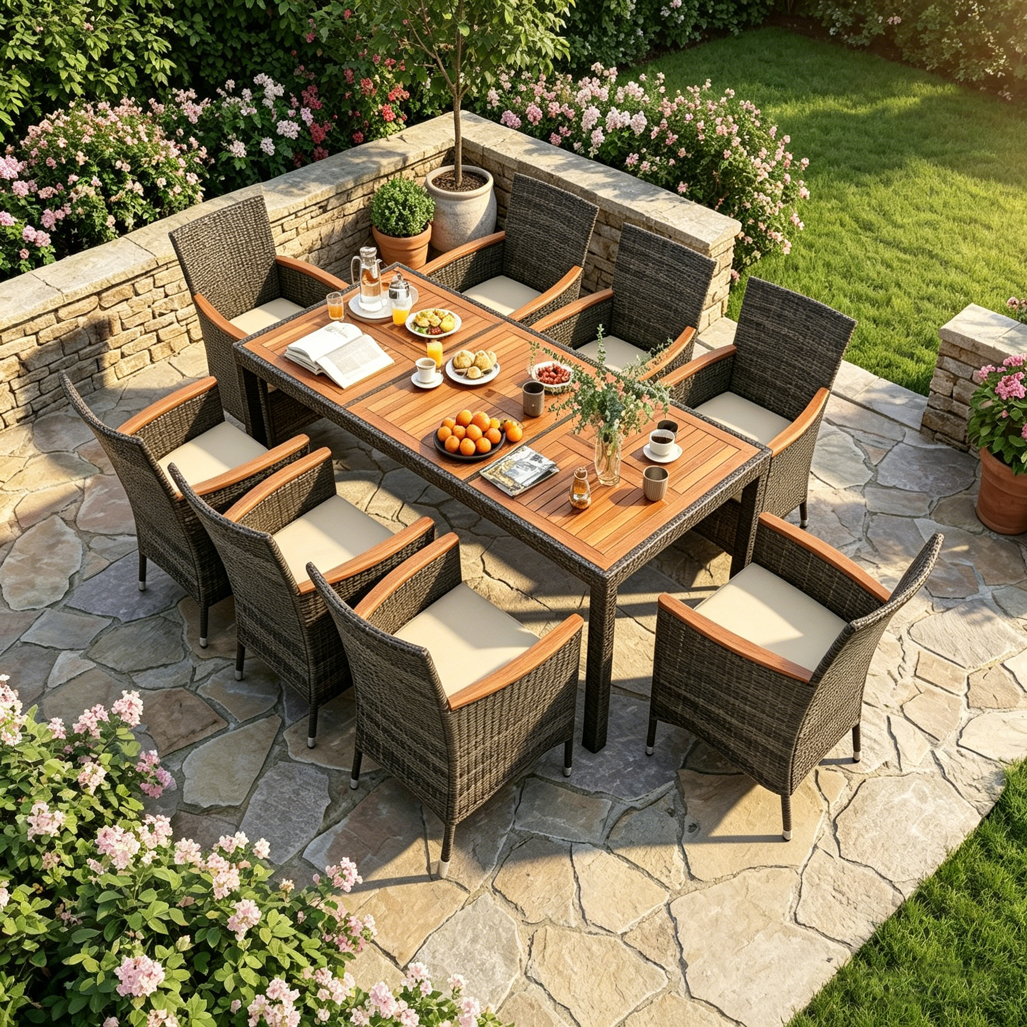 Image of 8-person Furniture Set, Acacia Wood Outdoor Dining Table With 8 Chairs, Removable Cushions, Parasol Hole, Set Of 9