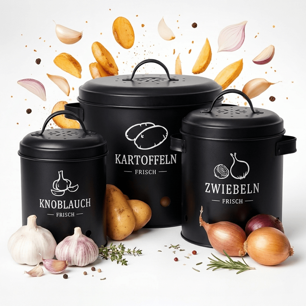 E-shop Kartoffel Aufbewahrungsbox, Zwiebeln, Knoblauch, 3er Set, mit Deckel & Löchern, Metall, Zwiebeltopf