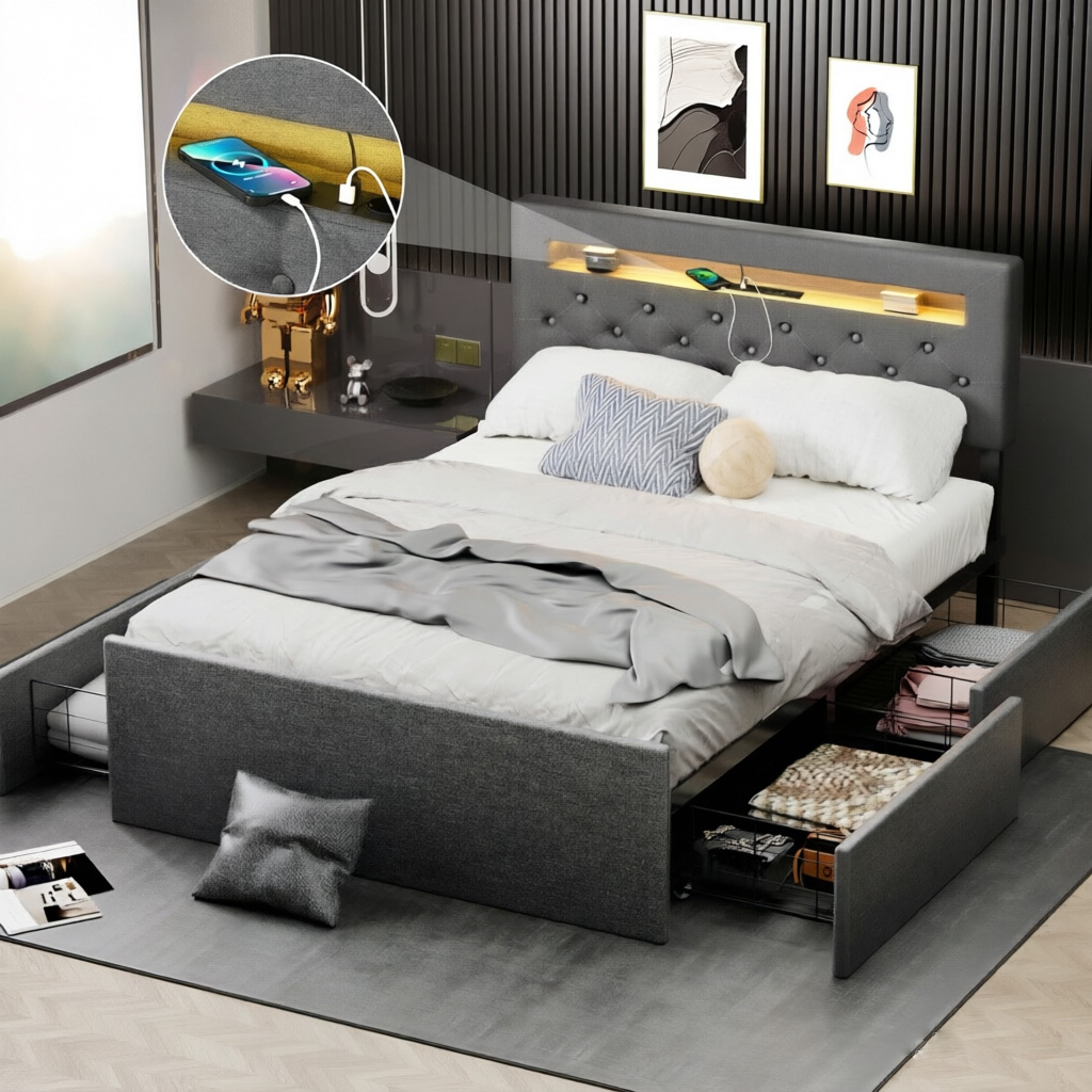 Upholstered Double Bed 140x200 Cm With Led Headboard And Charging Function, Bed With Storage Drawers, Bed Frame With Hydraulic Metal Frame And Wooden Slatted Base, Linen, Grey