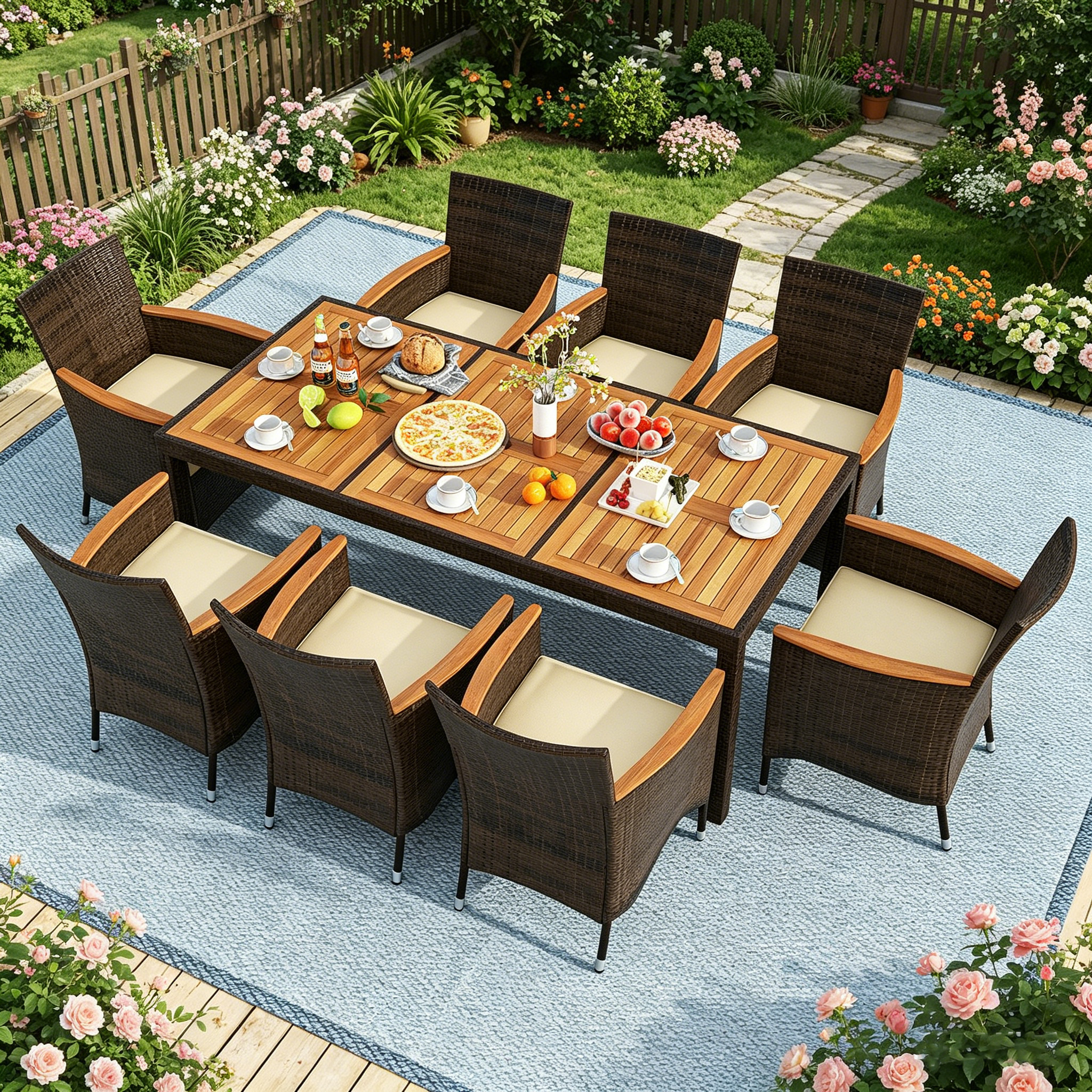 Image of 8-person Outdoor Garden Furniture Set In Pe Rattan With Dining Table And 8 Chairs, 9pcs Garden Furniture Set With Cushions