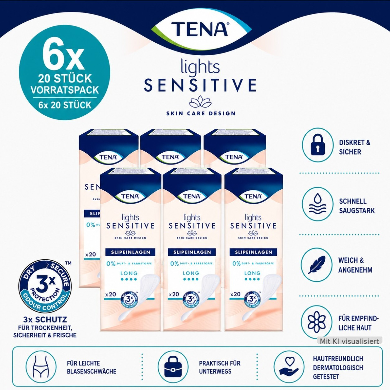 Image of Tena Lights Sensitive Long 20 Slip Liners (6-pack)