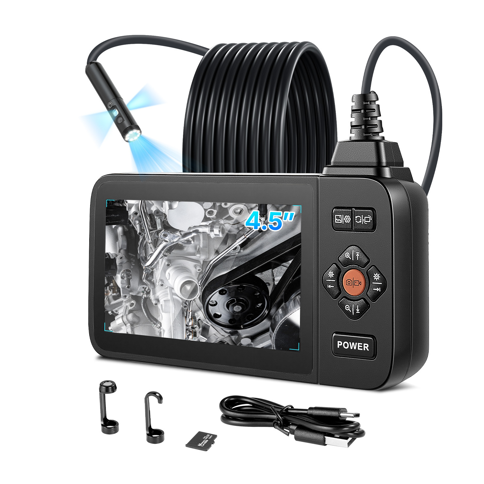 Image of Vevor Endoscope With Light, 4.5" Hd Ips Screen Industrial Borescope Camera, 8 + , 8x Zoom, Inspection Camera For Automotive, Plumbing (16.4ft Rigid Cable)