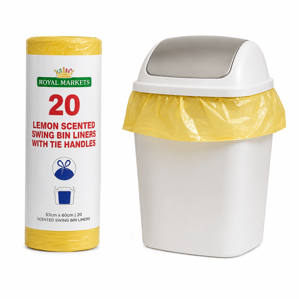 TEMU Pack Of 20 Lemon Scented Swing Bin Liners – Kitchen Bin Bags By Royal Markets, Strong Tie Handle Kitchen Waste Bags, Small Bin Liners, Household
