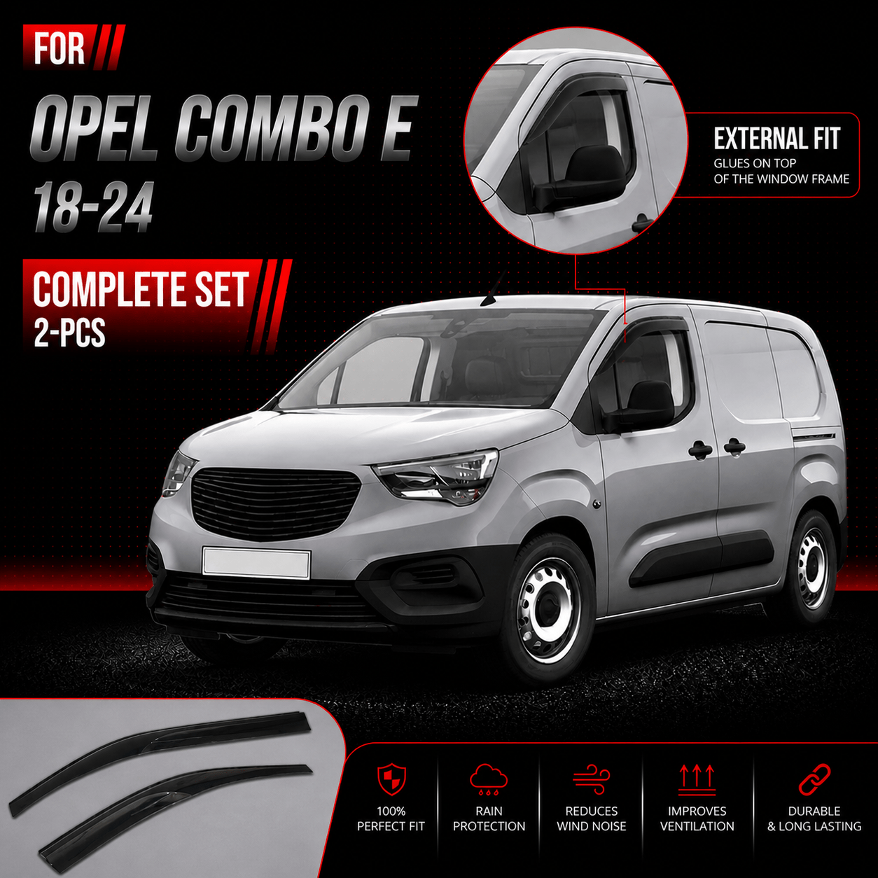 Image of Wind Deflectors For Combo E 2018 – 2024, Air Deflectors, Rain Deflectors, Car Window Rain Guards, Adhesive Rain Deflectors, 2-piece External Fit For Combo E 2018 2019 2020 2021 2022 2023 2024
