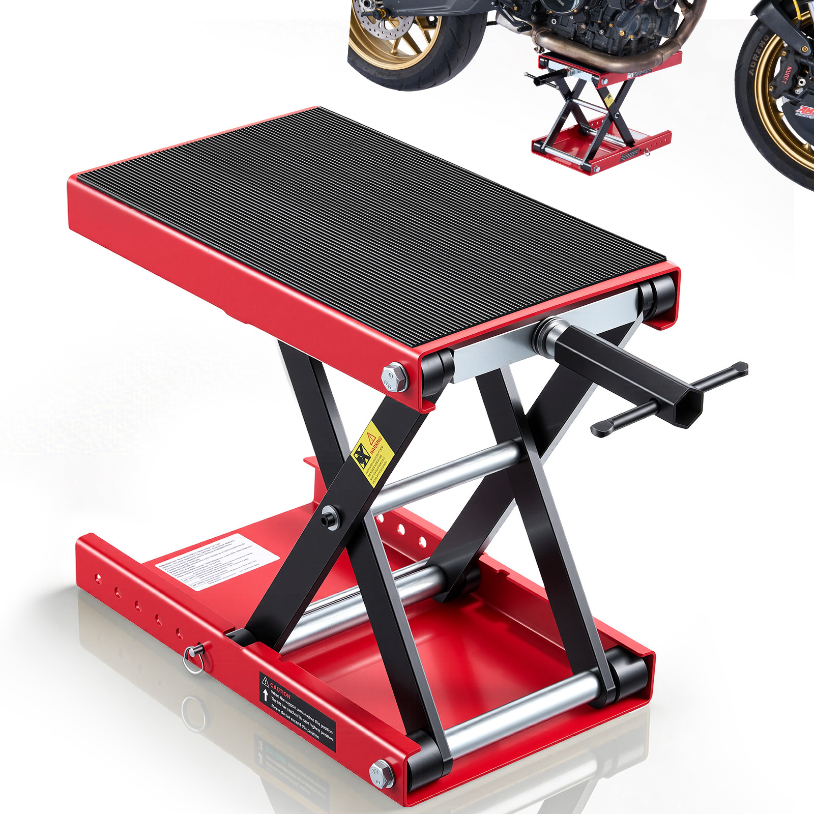 Image of Vevor Motorcycle Lift, 1100 Lbs Motorcycle Scissor Lift Jack With Wide Deck & Lock Pin, 3.74"-13.38" Center Hoist Crank Stand, Steel Scissor Jack For Street Bikes, Bikes, Touring, Red/black
