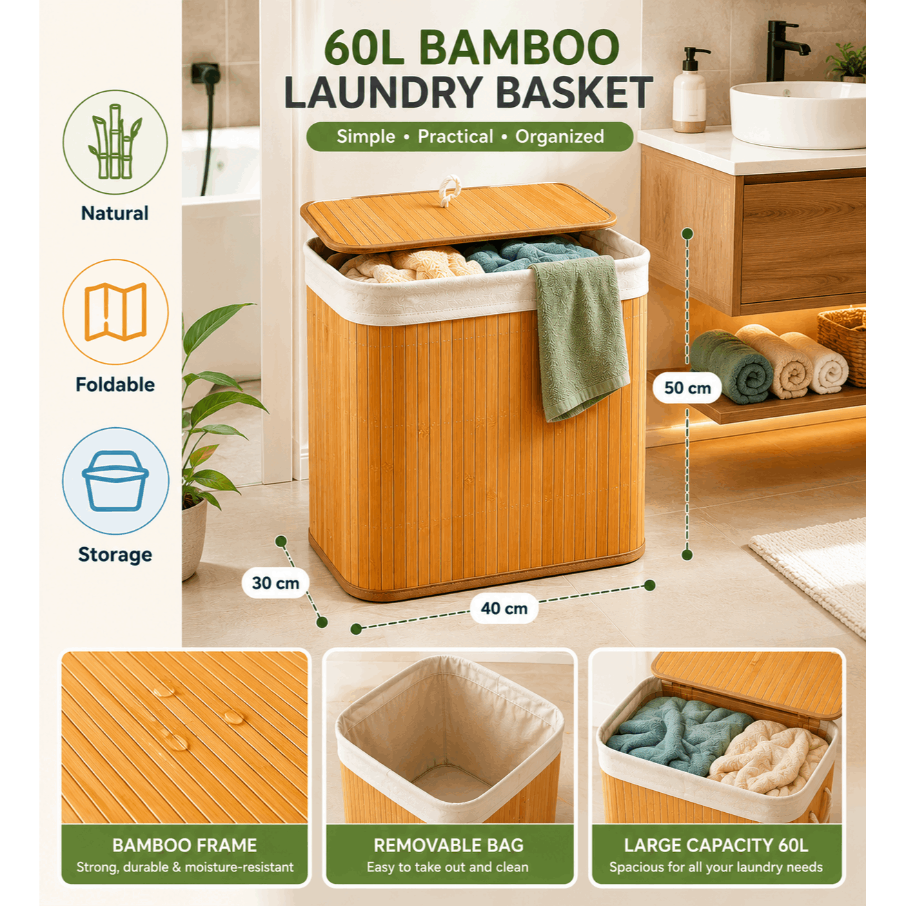 TEMU Panier à Linge Pliable en Bambou 60L – Bac de Rangement avec Couvercle et Sac Amovible