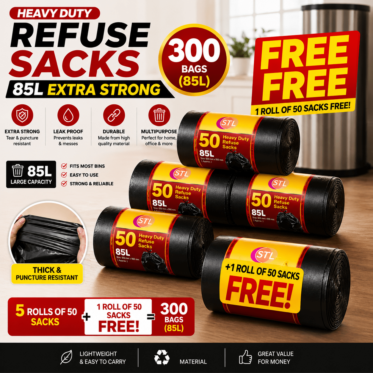 TEMU Free Deal Of 250 + 50 (free) Black Bin Bags | 85ltr Capacity | Get 1 Roll Of 50 Free | Bin Bags Offer | Perfect For Small Household |