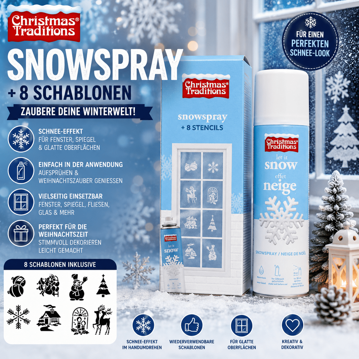 With 8 Christmas Stencils, 150ml – Christmas Window Decoration Spray For Glass, Mirrors, And Windows, Artificial For Holiday Decor