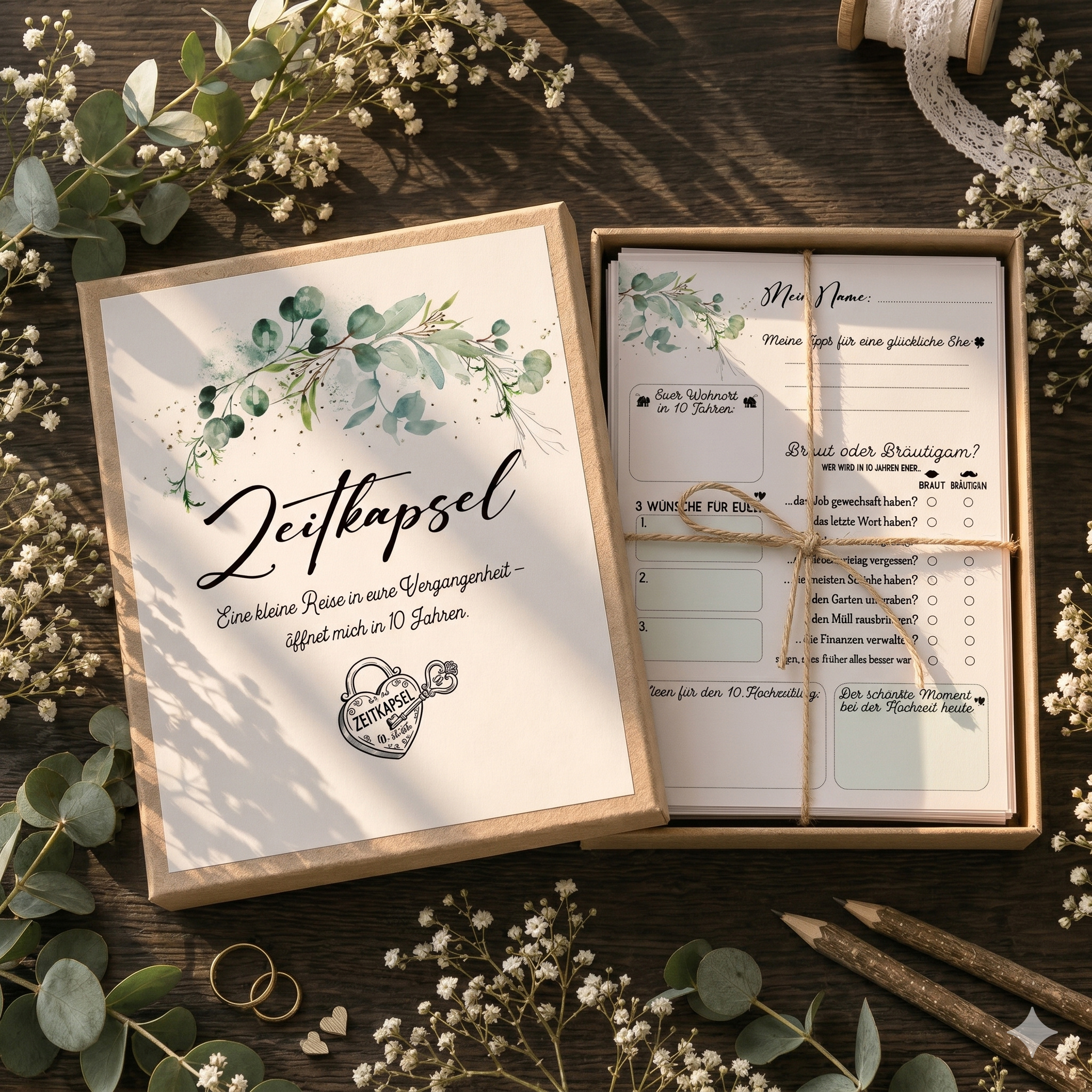 Image of 50x Eucalyptus Time Capsule Wedding Cards In German | Includes Box | Wedding Guest Game As An Alternative To Book | Wedding Party Game | Guest Book Cards