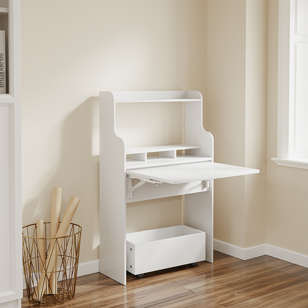 Image of Wall-mounted Folding Gaming Desk, Computer Desk With Shelf And Rolling Cart, Space- Office Desk For Home Office, White, 64x100.6x63cm, 64kg, Sobuy Fwt105-ii-w